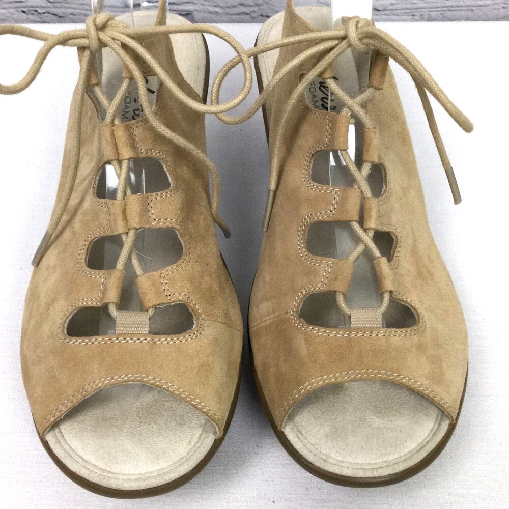 Skechers Boho Chic Minimalist Leather Lace Up Tan Slingback 2.5" Wedge Sandal 9 - Picture 2 of 11